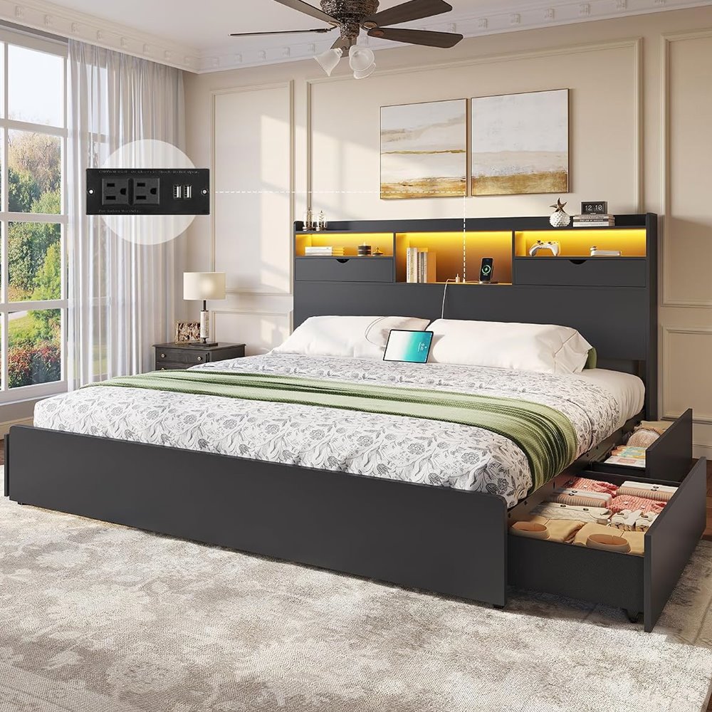 California King Bed with Storage Headboard & 4 Drawers