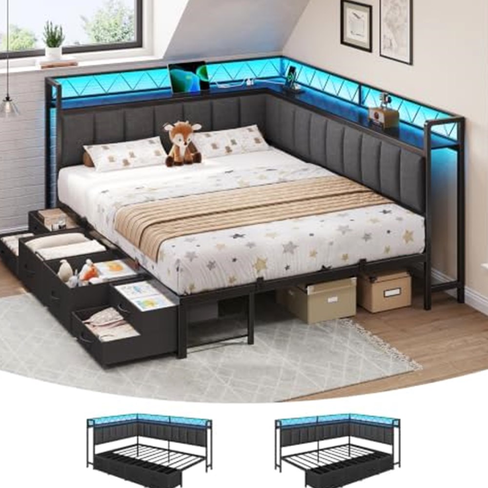 Corner Queen Bed with 6 Drawers & Upholstered Guardrail — view 2