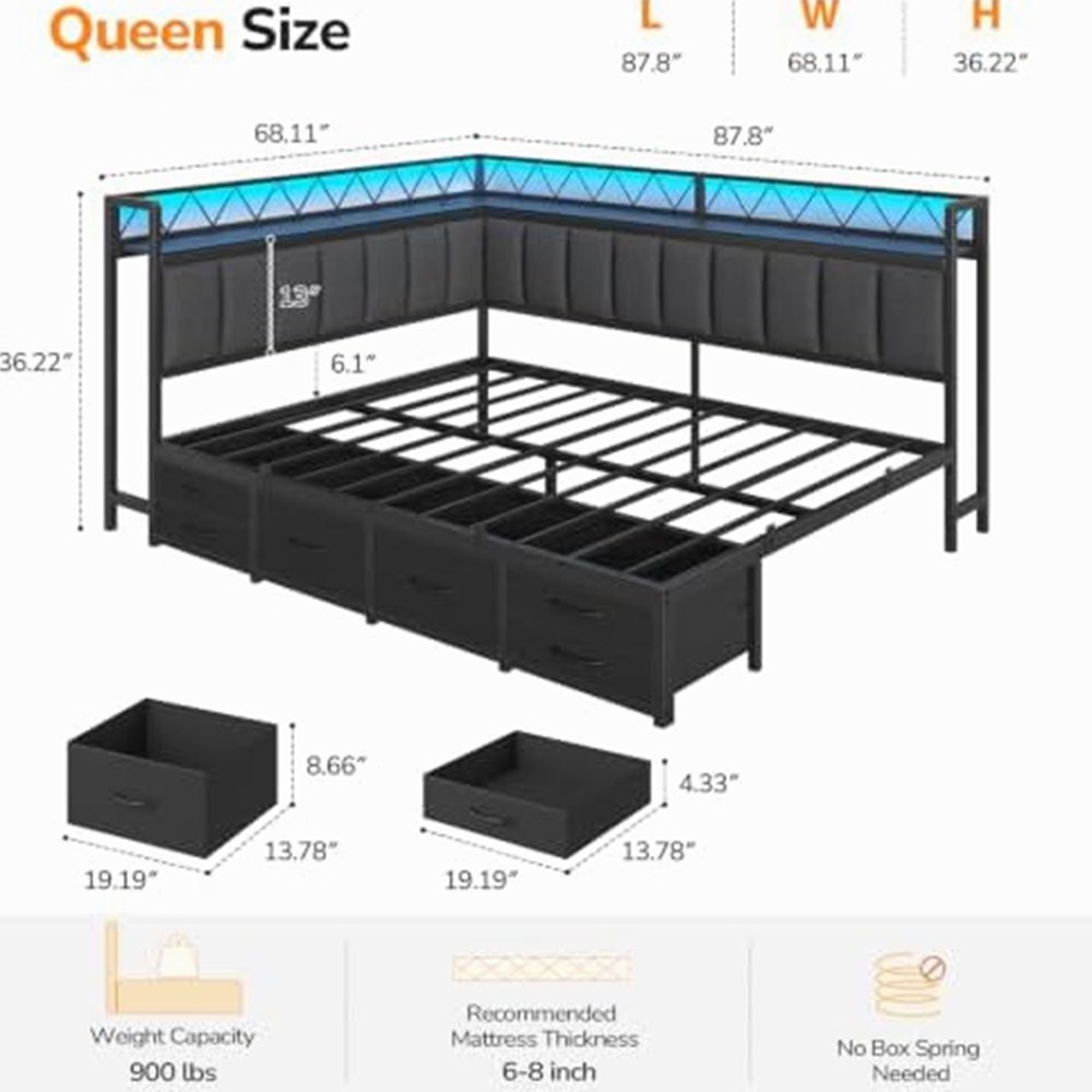 Corner Queen Bed with 6 Drawers & Upholstered Guardrail — view 3