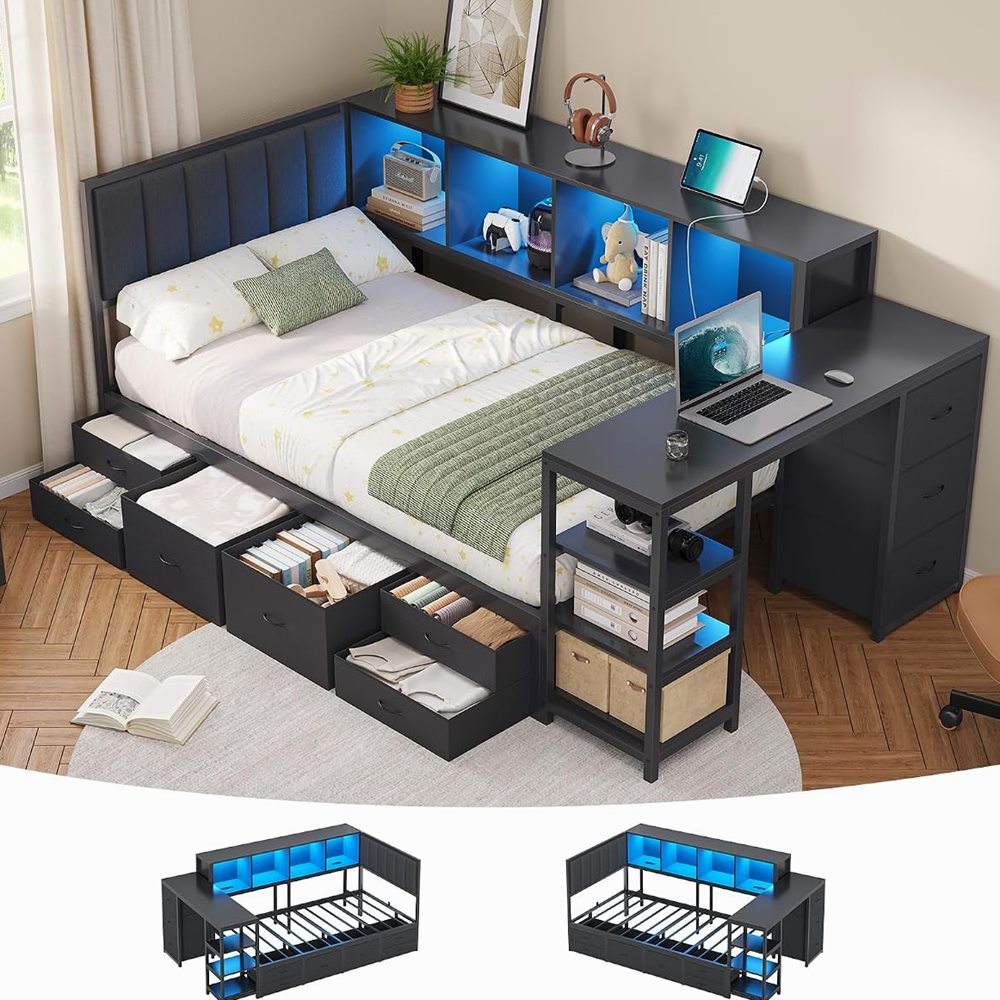 Corner Twin Bed with Desk, Bookcase & 9 Drawers