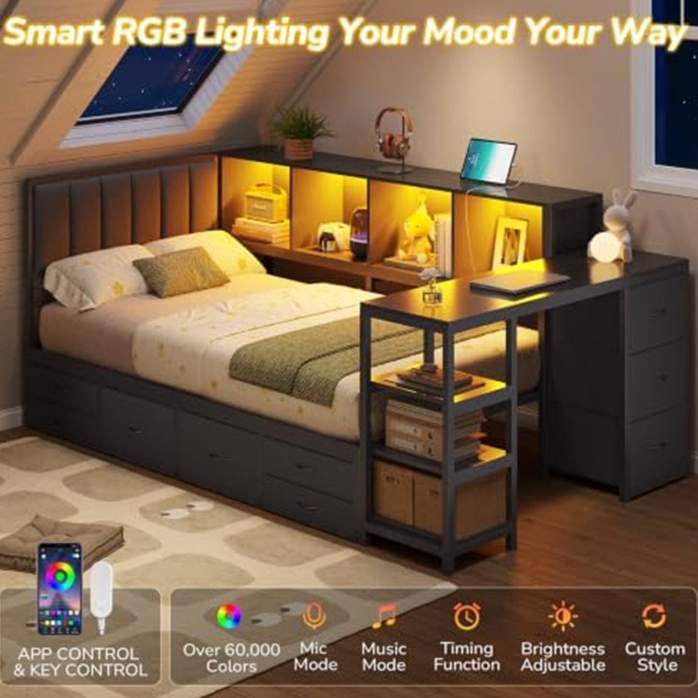 Corner Twin Bed with Desk, Bookcase & 9 Drawers — view 4