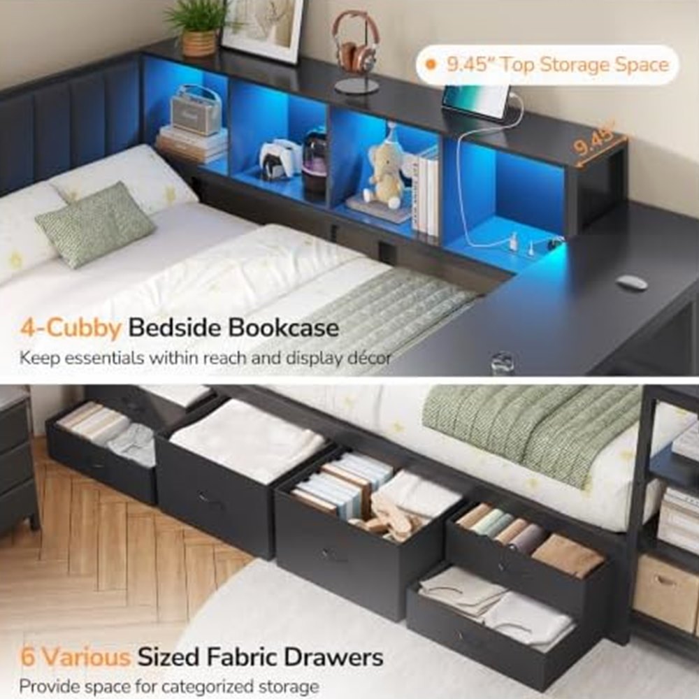 Corner Twin Bed with Desk, Bookcase & 9 Drawers — view 6