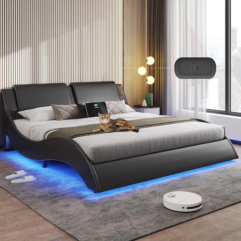 Queen Platform Bed with RGB LED & Wave Headboard