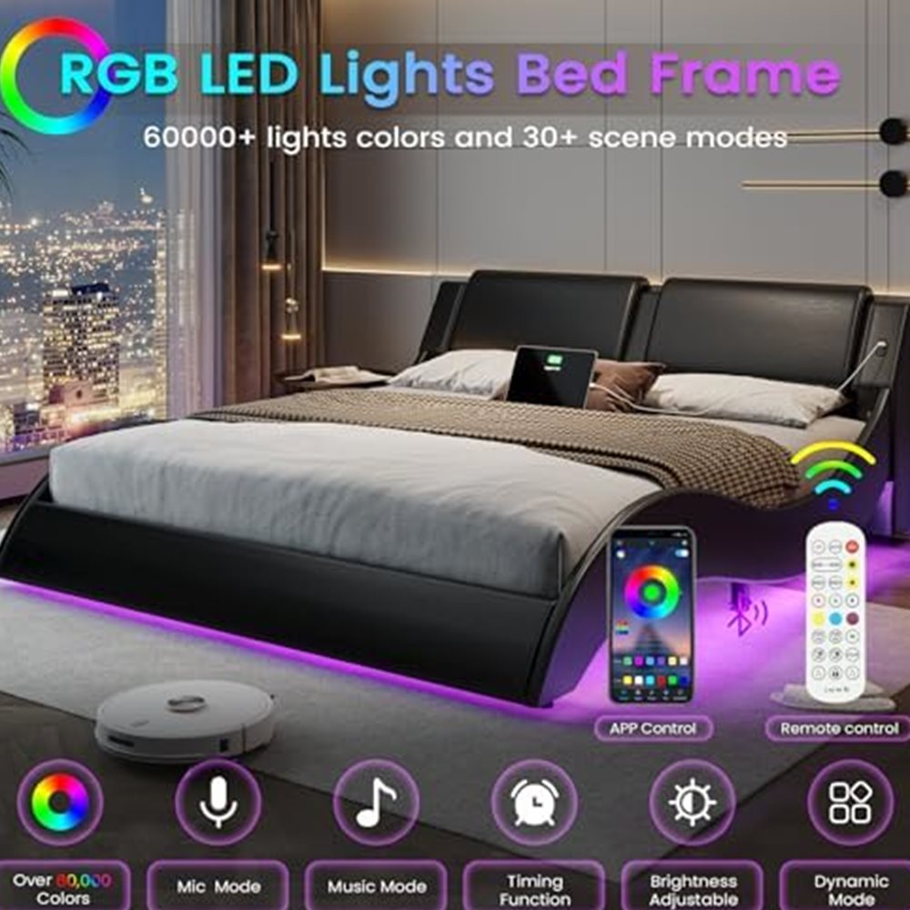 Queen Platform Bed with RGB LED & Wave Headboard — view 5