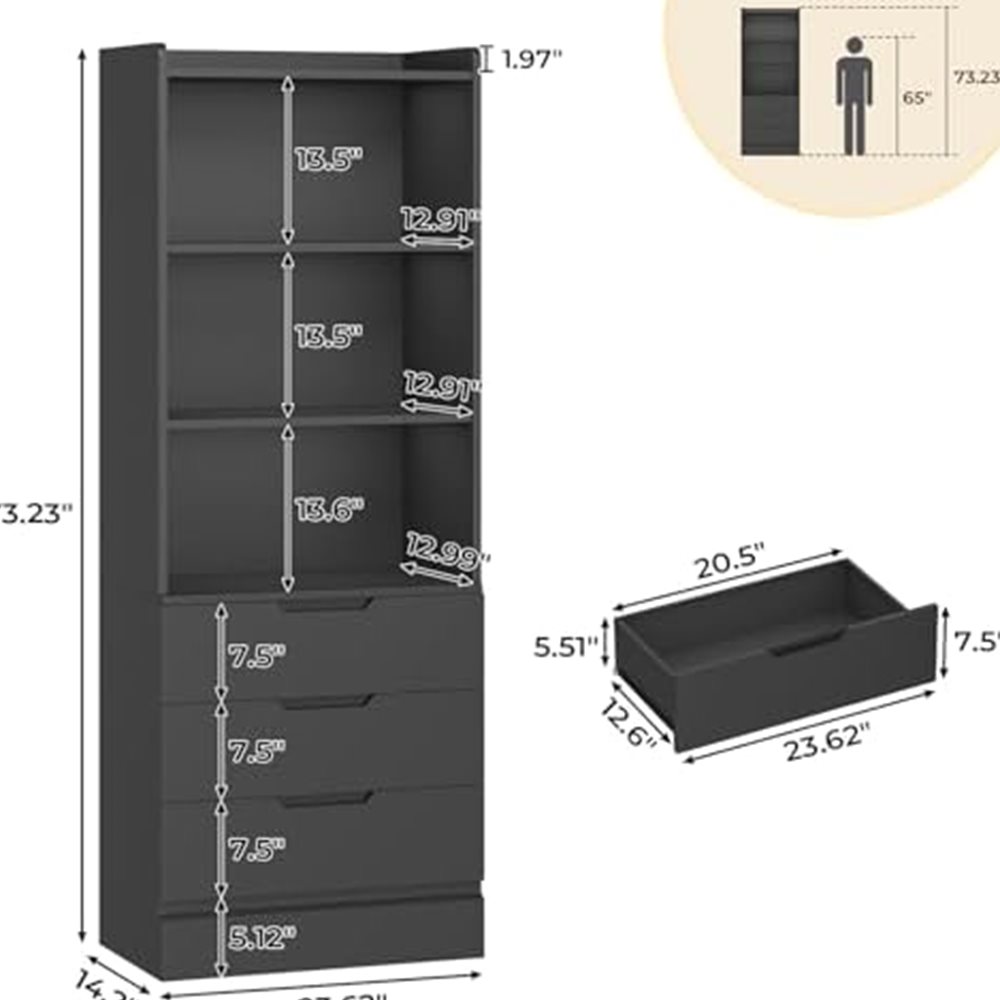 73-inch Tall Bookcase with 3 Drawers & Open Shelves — view 3