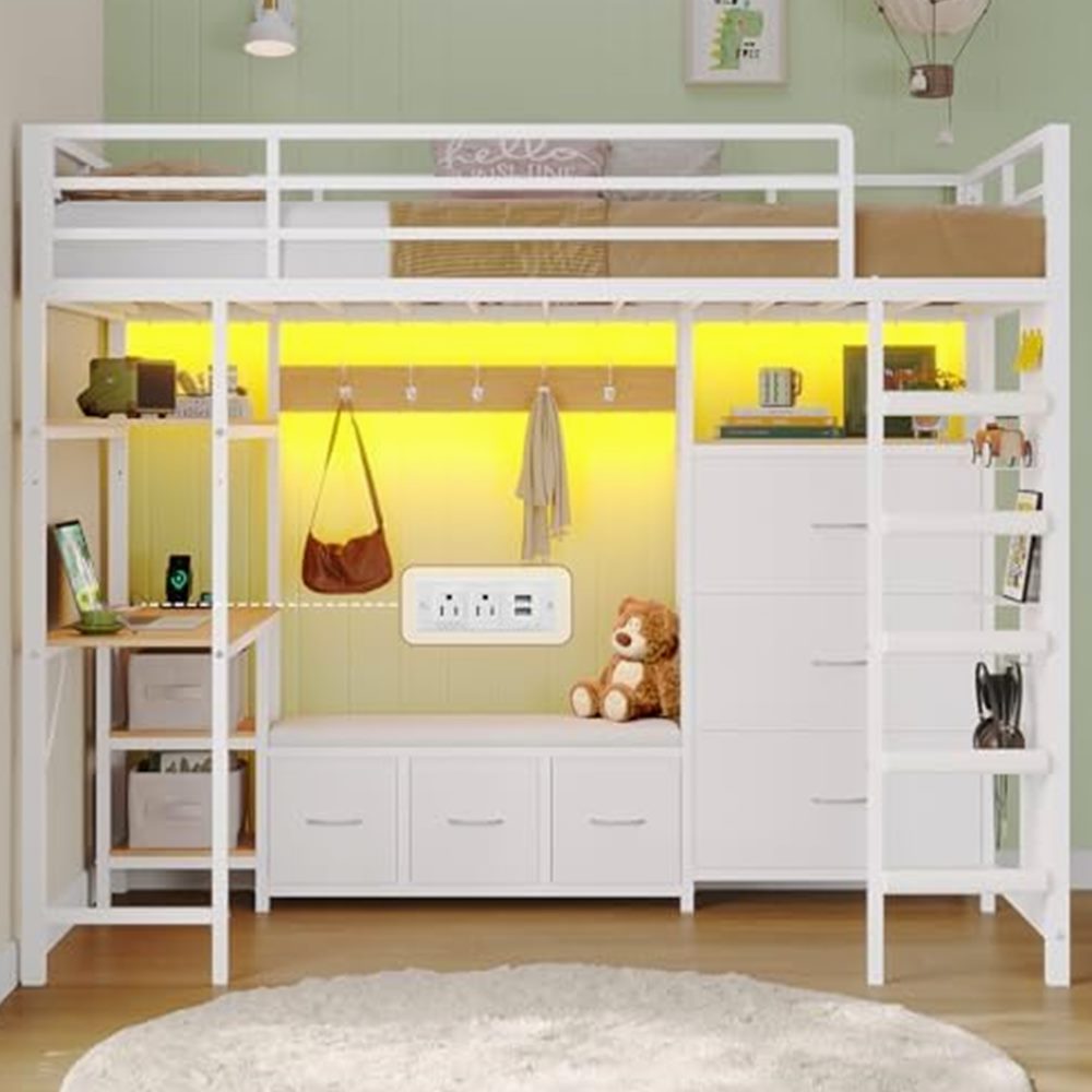 Twin Loft Bed with Coat Rack, Desk & 6 Drawers — view 2