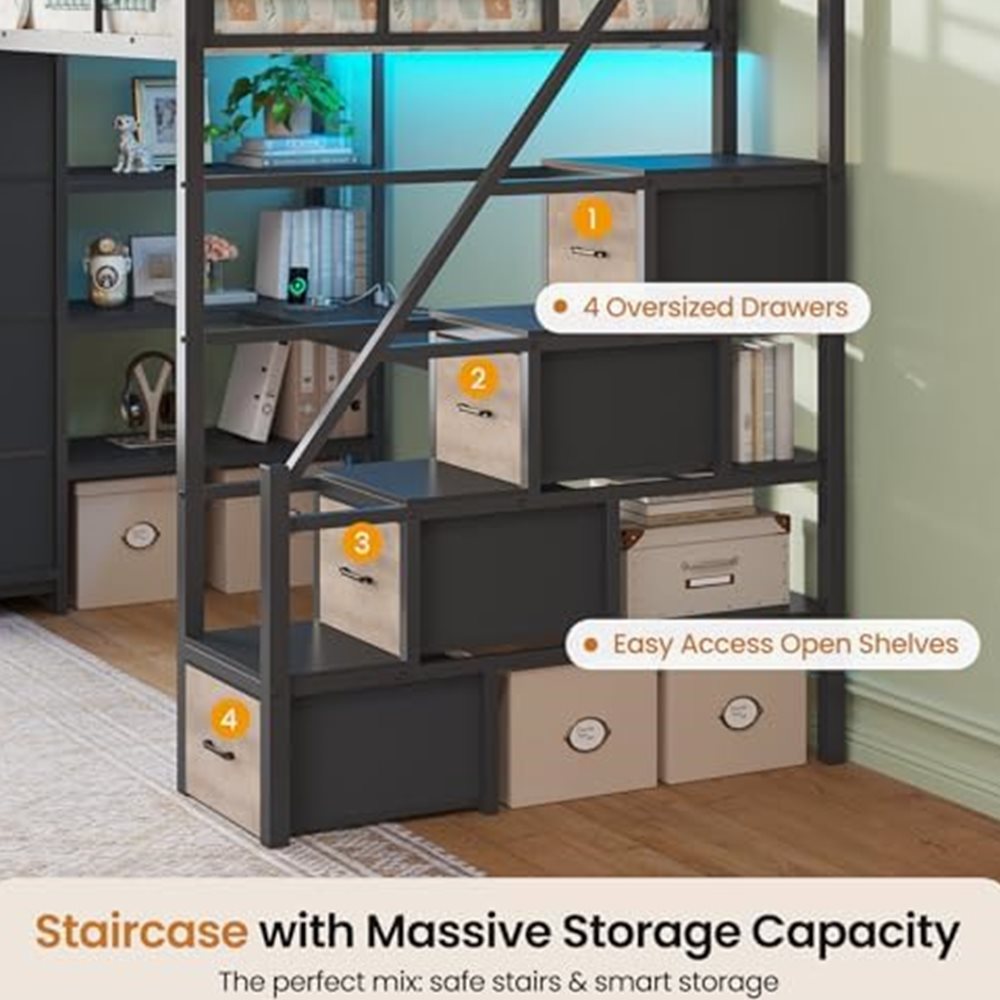 Twin Loft Bed with Storage Stairs & 8 Drawers — view 6