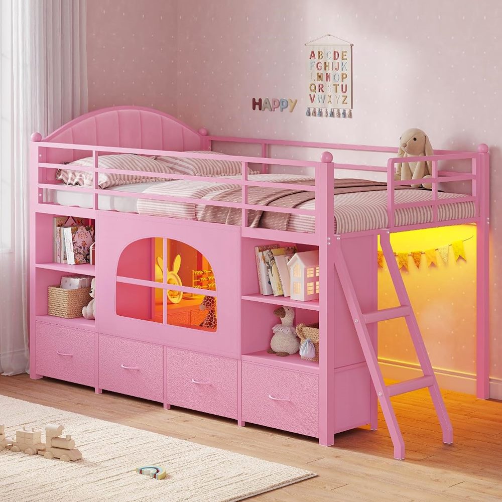 Low Loft Bed with 6 Drawers, Bookshelf & Play Space