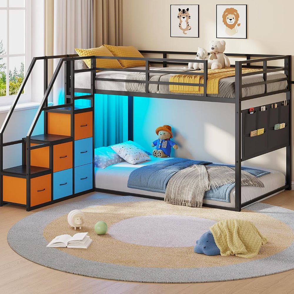 Low Bunk Bed with Storage Staircase & 6 Drawers