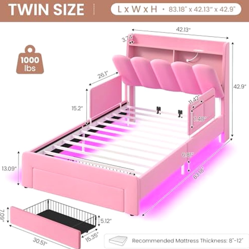 Twin Princess Bed with Velvet Headboard & Guardrails — view 3