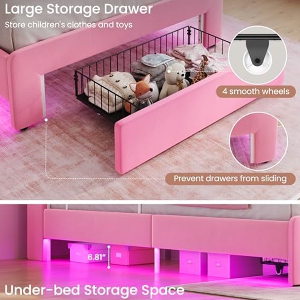 Twin Princess Bed with Velvet Headboard & Guardrails — view 6