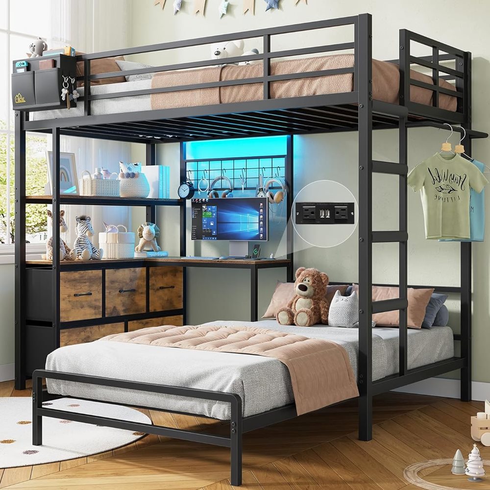 Bunk Bed with L-Shaped Desk, 5 Drawers & 2 Shelves