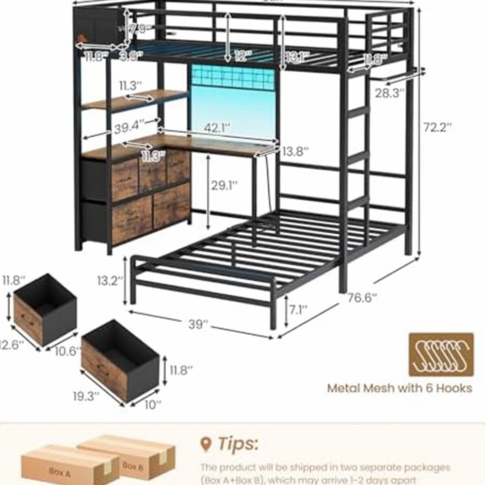 Bunk Bed with L-Shaped Desk, 5 Drawers & 2 Shelves — view 3